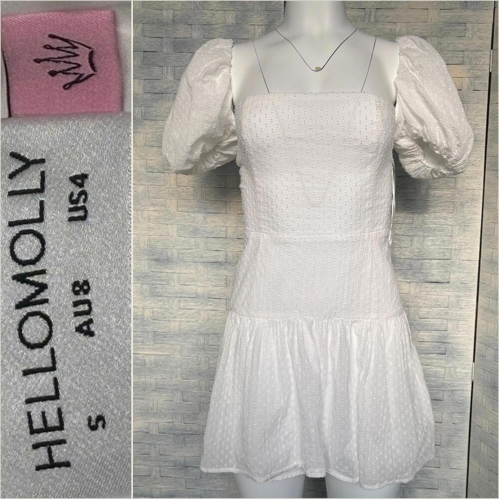 Hello‎ Molly Small White Puff Sleeve Square Neck Mini Dress A Line Ruffle